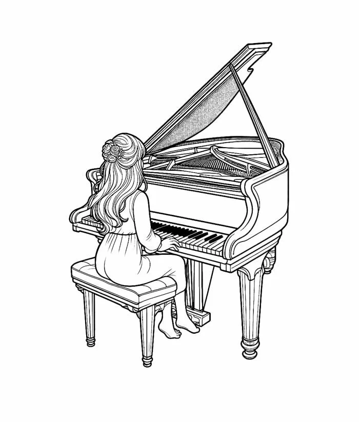 Tô màu Cô Gái Xinh Đẹp Chơi Đàn Piano - Trang Tô Màu Cho Bé