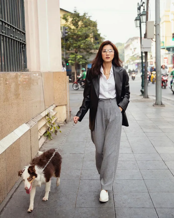 Chỉ dắt chó đi dạo 