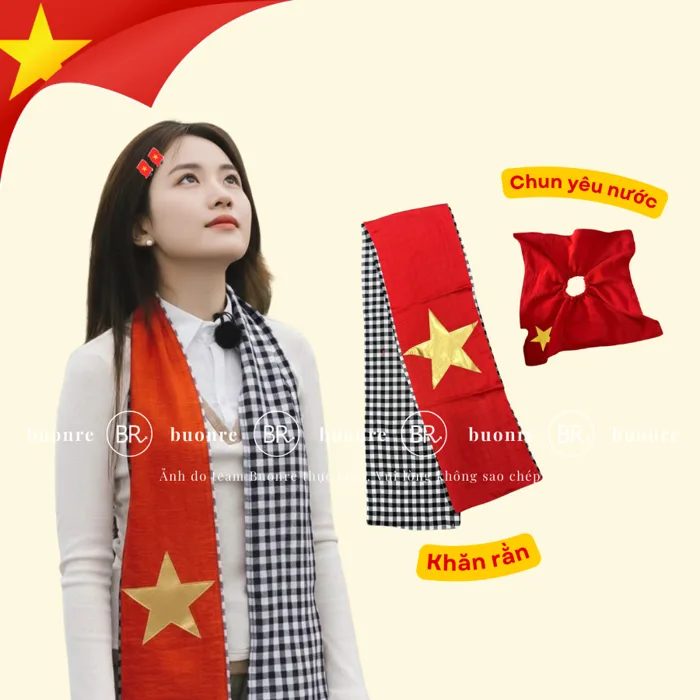 [Chất đẹp 2 lớp] Khăn Yêu Nước Cờ Đỏ Sao Vàng Nhũ Vải Da-Khăn quàng cờ đỏ  phụ kiện chụp ảnh áo dài, tự hào dân tộc 02792