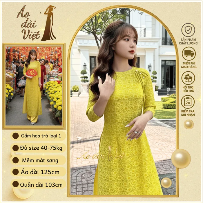 Áo dài cách tân nữ tết 2026 gấm hoa trà vàng chanh cổ tròn đính nơ xinh đi lễ  tết chụp ảnh nhóm | Shopee Việt Nam
