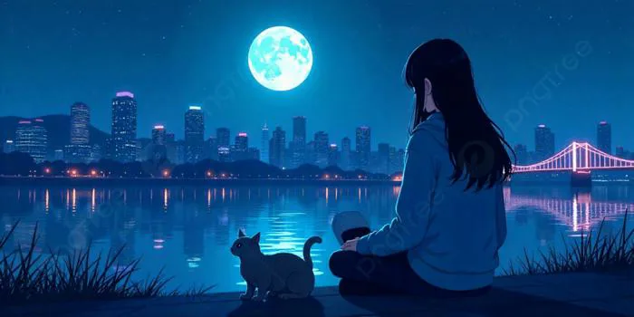 Hình nền Nền Hình ảnh Lofi đêm Yên Bình Cô Gái Với Con Mèo ở, Hình Nền  Manga Lofi Phản Chiếu Về đêm, Khen, Con Mèo Background Vector để tải xuống  miễn