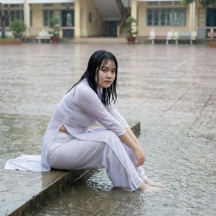 Áo Dài VNG: Vẻ Đẹp Thơ Mộng Của Áo Dài Trắng Sân Trường Dưới Cơn Mưa