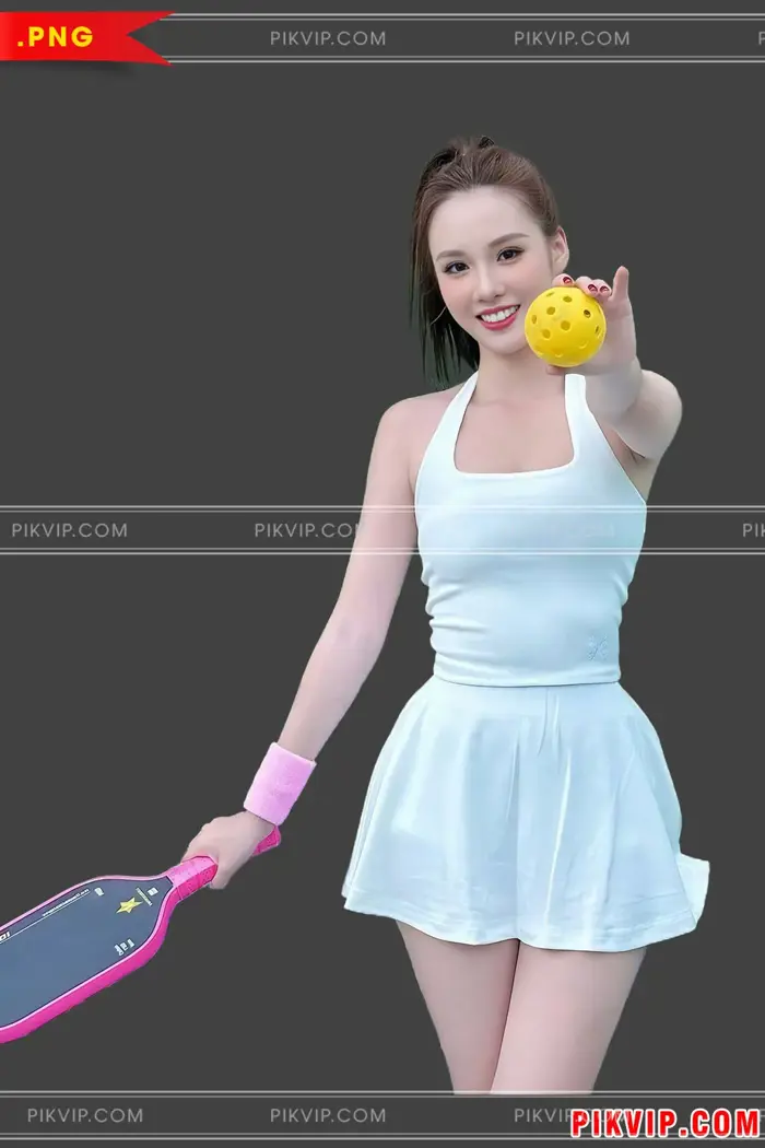 Cô Gái Thể Thao Năng Động Cầm Bóng và Vợt Pickleball PNG Chất Lượng Cao
