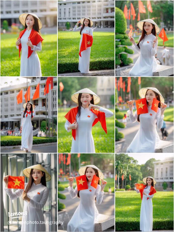 Cô gái đội nón lá mặc áo dài trắng chụp ảnh đẹp tại Dinh Độc Lập