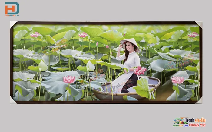 Vẽ tranh sơn dầu thiếu nữ trên đầm sen - Tranh sơn dầu đẹp -quà tặng