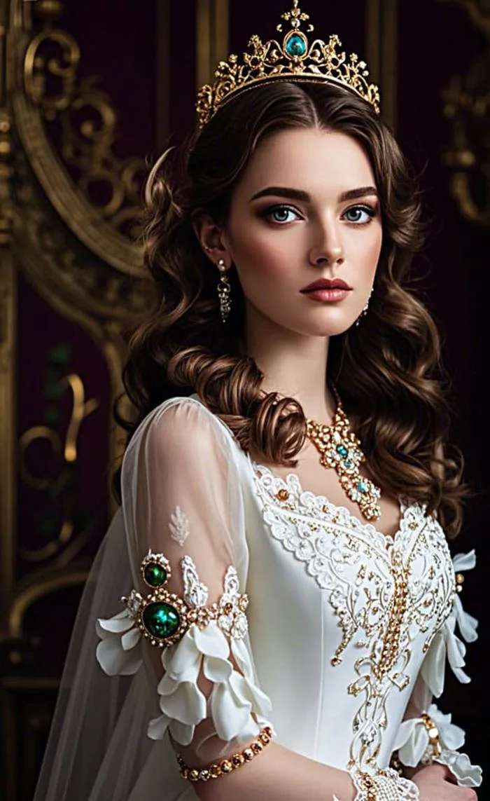 Hình ảnh AI cô gái có bộ váy trắng sang trọng và chiếc vương miện quý