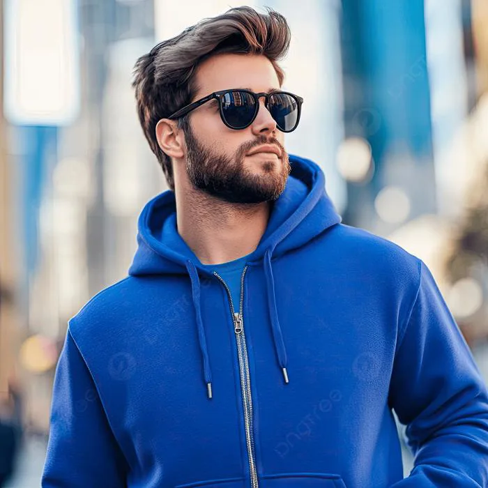 Hình nền Một Người đàn ông đẹp Trai Mặc áo Hoodie Màu Xanh Và Kính Râm đi  Trên Nền đường Phố Mờ, Đàn ông, điển Trai, Màu Xanh Da Trời Background  Vector