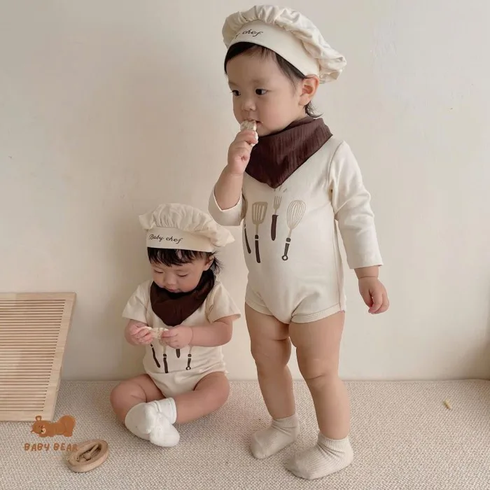 Set 3 chi tiết body kèm yếm và mũ đầu bếp Baby Chef Chụp Ảnh Đầy Tháng Thôi  nôi Cho Bé Trai/Bé Gái 4-14kg Hàng Cao Cấp | Shopee Việt Nam