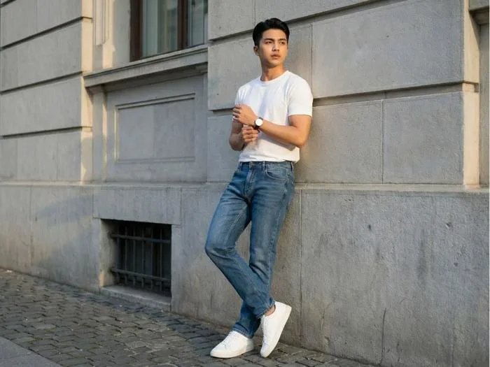 9 outfit quần jean áo thun nam chuẩn trend dễ ứng dụng 2026