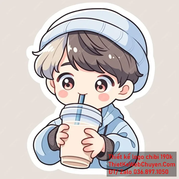 vẽ chibi trà sữa bé trai mắt long lanh uống trà sữa để thiết kế logo