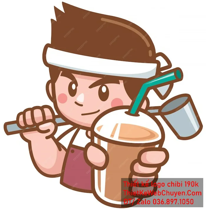 vẽ chibi trà sữa bé trai ngầu cầm ly trà sữa để thiết kế logo