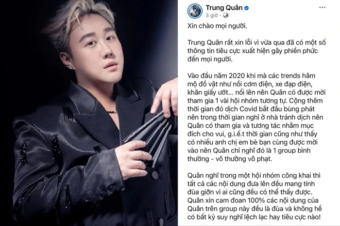 Ca sĩ Trung Quân Idol xin lỗi, tạm dừng hoạt động sau vụ bị tố 